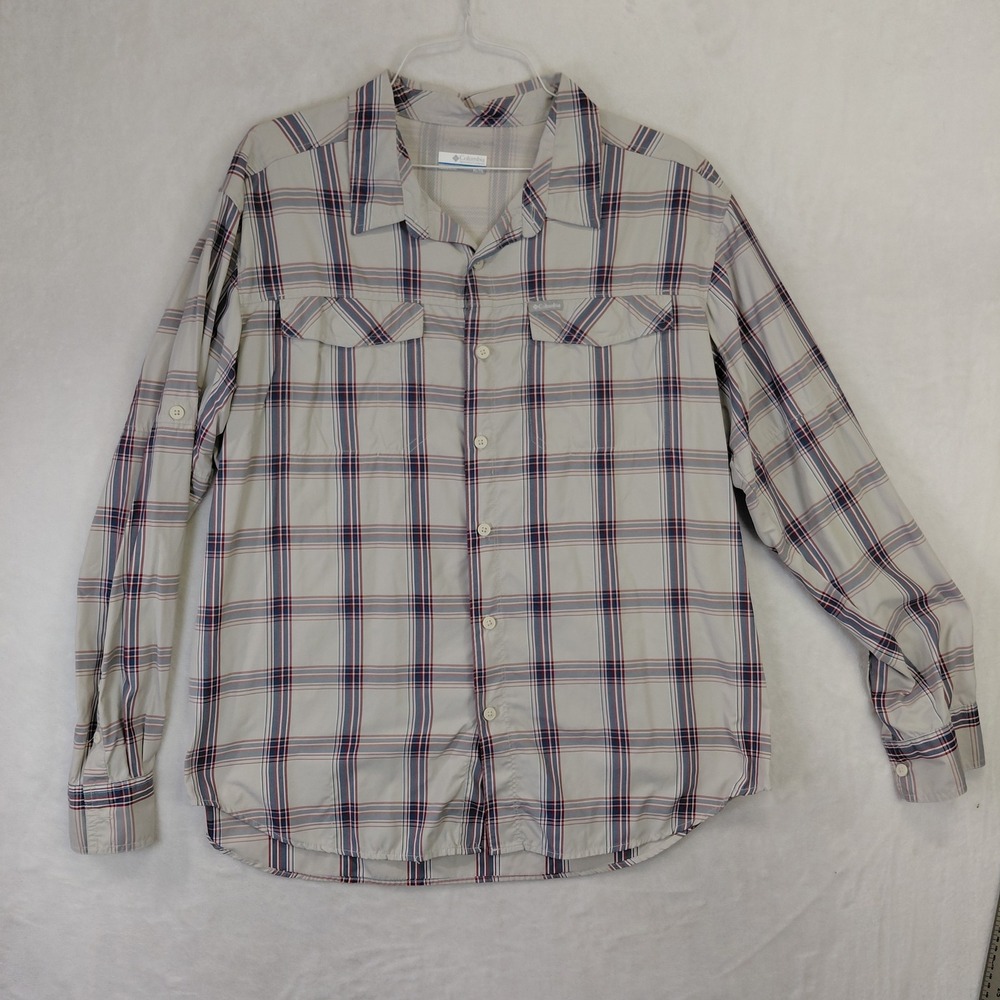 Columbia Omni-Shade Mens XL Plaid Long Sleeve Sun Protection Hiking Shirt Tan